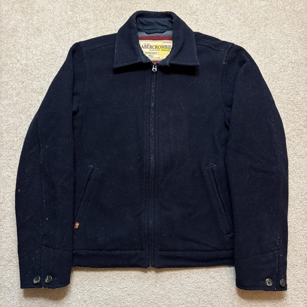 Vtg Abercrombie & Fitch Wool Bomber Jacket Mens Large Navy Full Zip Lined Winter